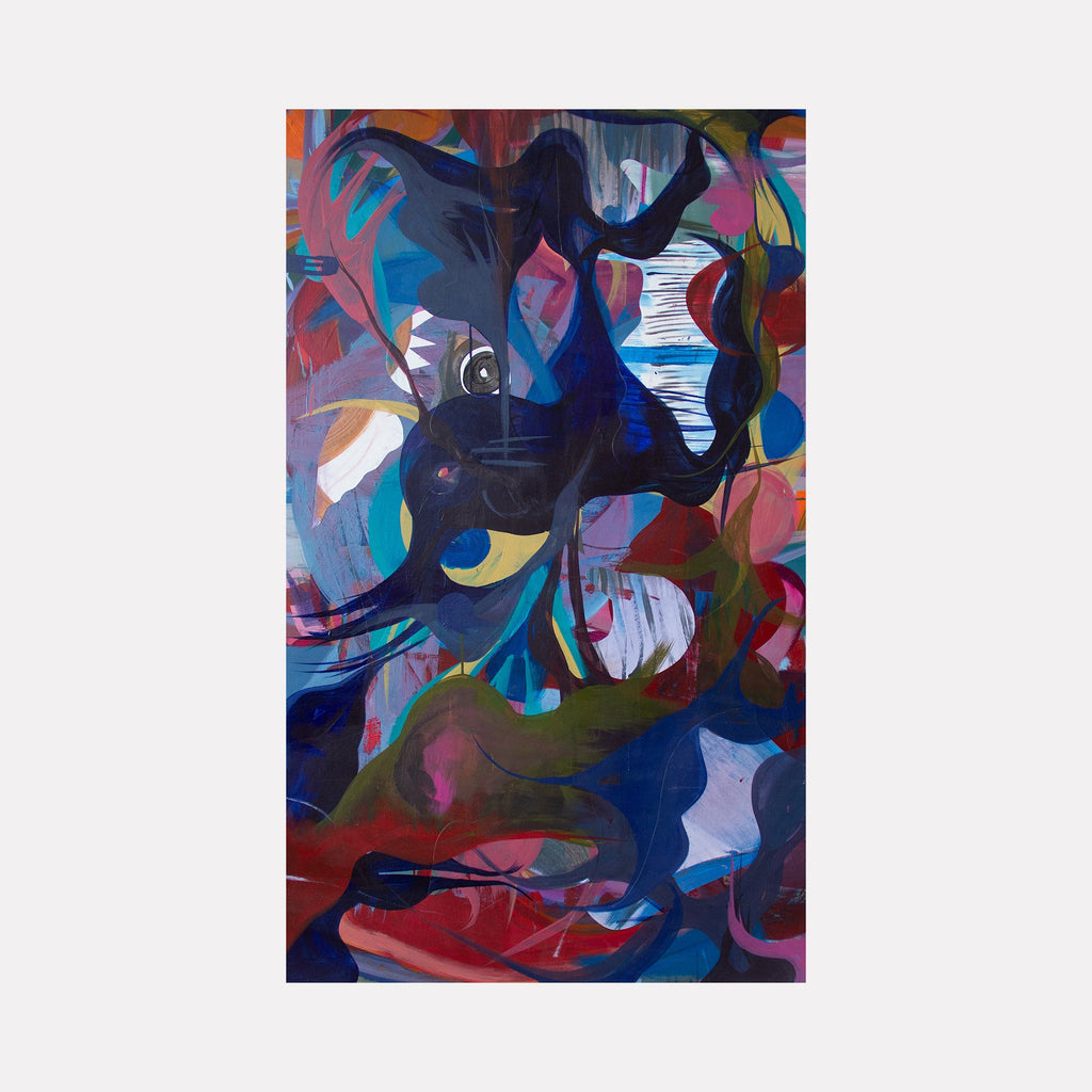 The artwork "Col" by Carin Kulb Dangot features an abstract composition with swirling organic shapes in deep blues, vibrant reds, and muted greens. The layered textures and fluid forms evoke a dynamic, almost dreamlike movement, reminiscent of Wassily Kandinsky’s expressive abstraction and Joan Miró’s playful surrealism.