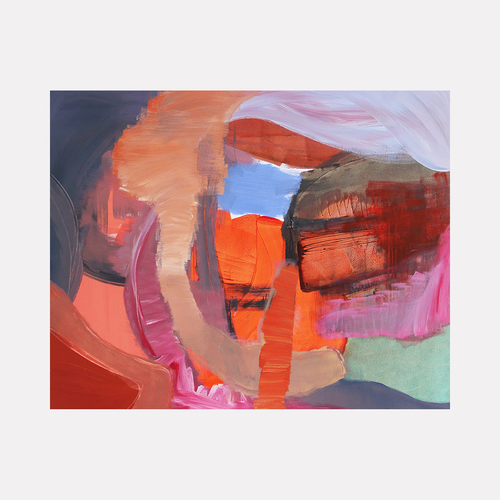 The artwork "Gala" by Carin Kulb Dangot features an abstract composition with bold, layered brushstrokes in vivid oranges, soft pinks, muted greens, and deep grays. The textured surface and dynamic shapes evoke the expressive color fields reminiscent of Willem de Kooning and Helen Frankenthaler’s fluid abstractions.
