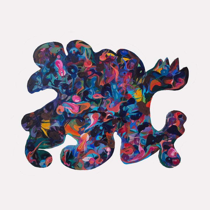 The artwork "Gole" by Carin Kulb Dangot features an abstract, irregularly shaped composition filled with vibrant swirls and organic forms in deep blues, purples, pinks, and oranges. The dynamic layering and fluid brushstrokes evoke the energetic abstraction of Joan Miró and the playful color contrasts reminiscent of Wassily Kandinsky's modernist works.