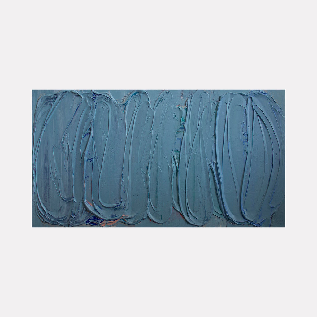 The artwork "Landscape 3" by Carin Kulb Dangot features thick, textured strokes of muted blue tones applied in bold vertical swaths across the canvas. The palette and impasto technique evoke the tactile abstraction of artists like Gerhard Richter and the serene minimalism reminiscent of Mark Rothko’s color field works.
