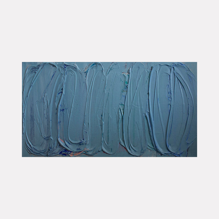 The artwork "Landscape 3" by Carin Kulb Dangot features thick, textured strokes of muted blue tones applied in bold vertical swaths across the canvas. The palette and impasto technique evoke the tactile abstraction of artists like Gerhard Richter and the serene minimalism reminiscent of Mark Rothko’s color field works.