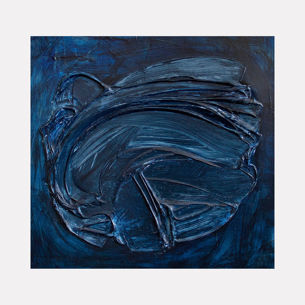 The artwork "Landscape 4" by Carin Kulb Dangot features a textured abstract composition dominated by deep navy and indigo blues with swirling, layered brushstrokes creating a bold, sculptural effect. The dynamic interplay of light and shadow evokes the tactile depth found in works by Gerhard Richter and Anselm Kiefer.