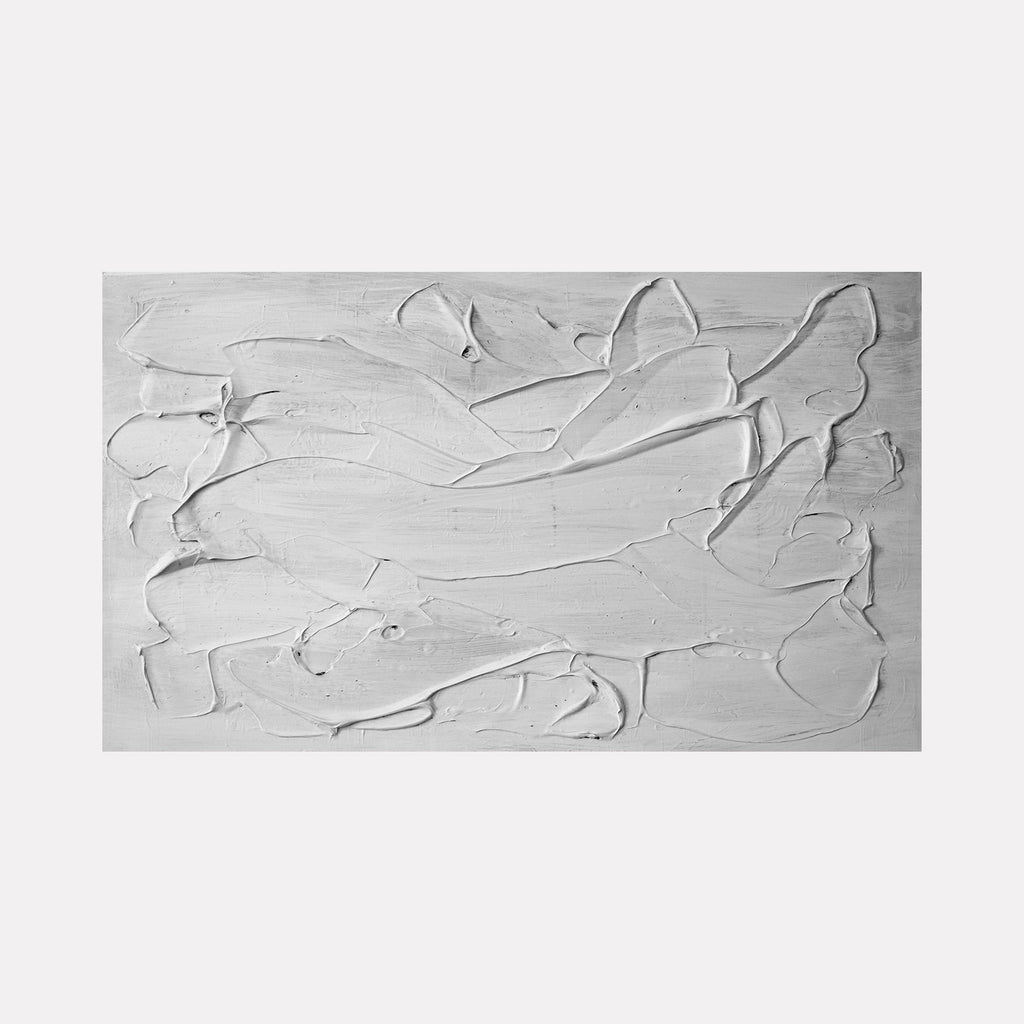 The artwork "Landscape W" by Carin Kulb Dangot features a minimalist abstract composition with thick, textured white strokes spread across a smooth background. The raised, sweeping shapes create depth and fluidity, evoking the layered abstraction and tactile surfaces seen in the works of artists like Robert Ryman and Kazimir Malevich.