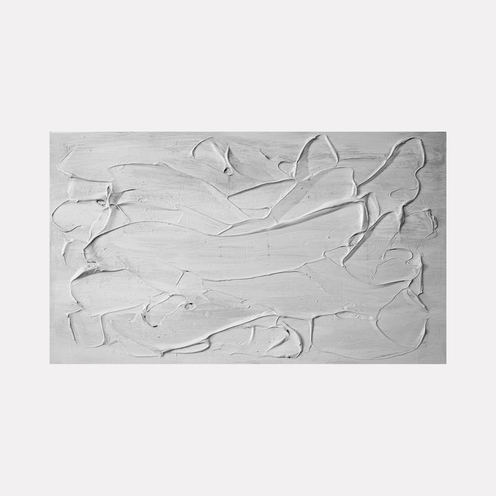 The artwork "Landscape W" by Carin Kulb Dangot features a minimalist abstract composition with thick, textured white strokes spread across a smooth background. The raised, sweeping shapes create depth and fluidity, evoking the layered abstraction and tactile surfaces seen in the works of artists like Robert Ryman and Kazimir Malevich.