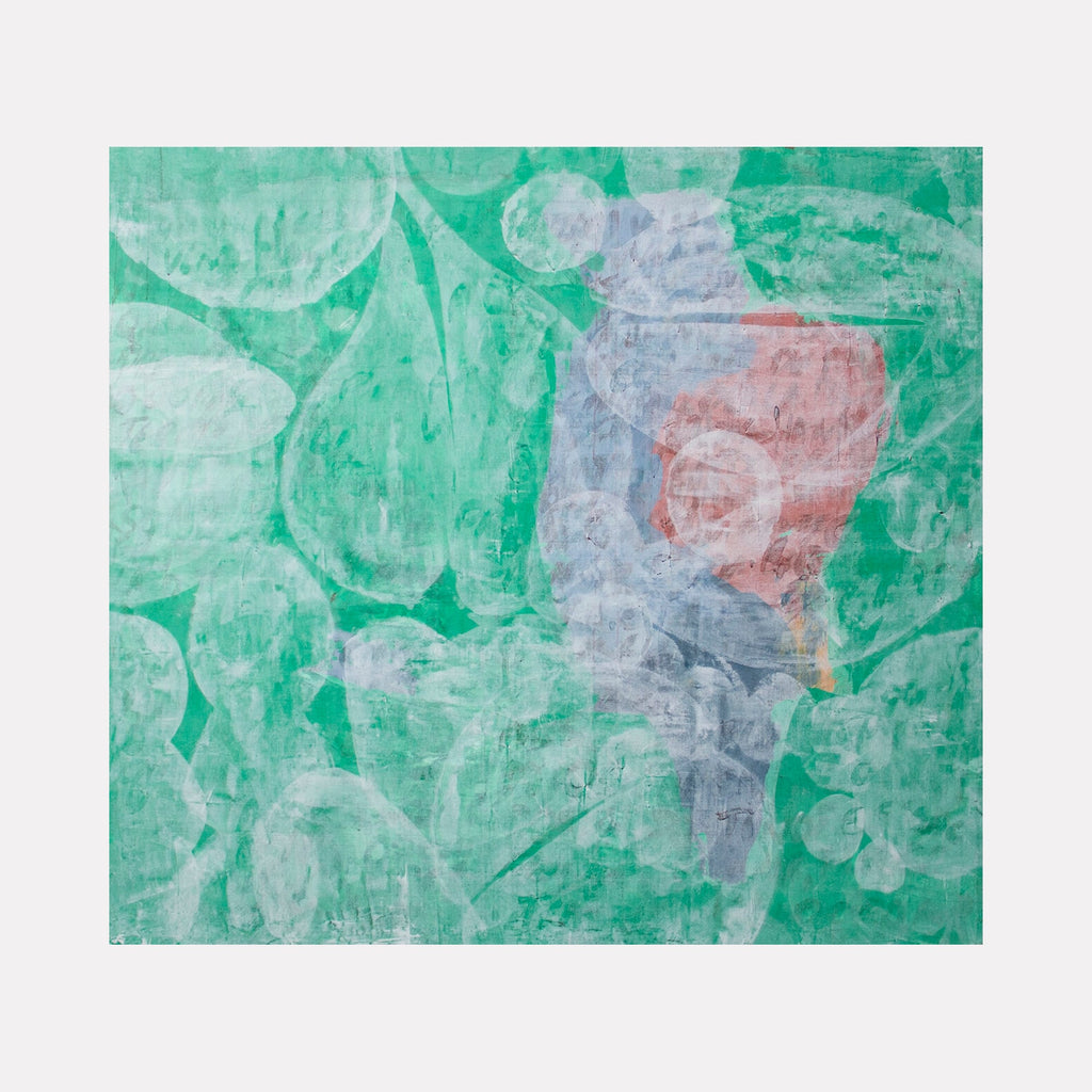 The artwork "Meditation 12" by Carin Kulb Dangot features an abstract composition with overlapping organic shapes in soft green, pale blue, and muted coral hues. The textured layers and subtle translucency evoke a contemplative atmosphere, reminiscent of Helen Frankenthaler’s color field abstraction and the gentle forms found in early Wassily Kandinsky works.