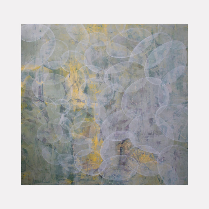 The artwork "Meditation 5" by Carin Kulb Dangot features an abstract composition of translucent, overlapping circular forms in soft white and pale gray tones, set against a muted background of sage green and warm golden hues. The layered textures and ethereal quality evoke atmospheric abstraction reminiscent of Mark Rothko and Cy Twombly.