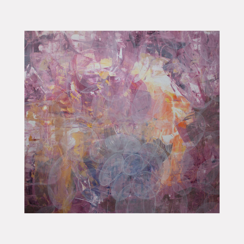 The artwork "Meditation 7" by Carin Kulb Dangot features an abstract composition with layered, translucent shapes in soft pinks, purples, and warm oranges. The textured brushstrokes blend fluid forms and subtle floral motifs, evoking the meditative quality of Mark Rothko’s color fields and the organic abstraction found in Helen Frankenthaler’s works.