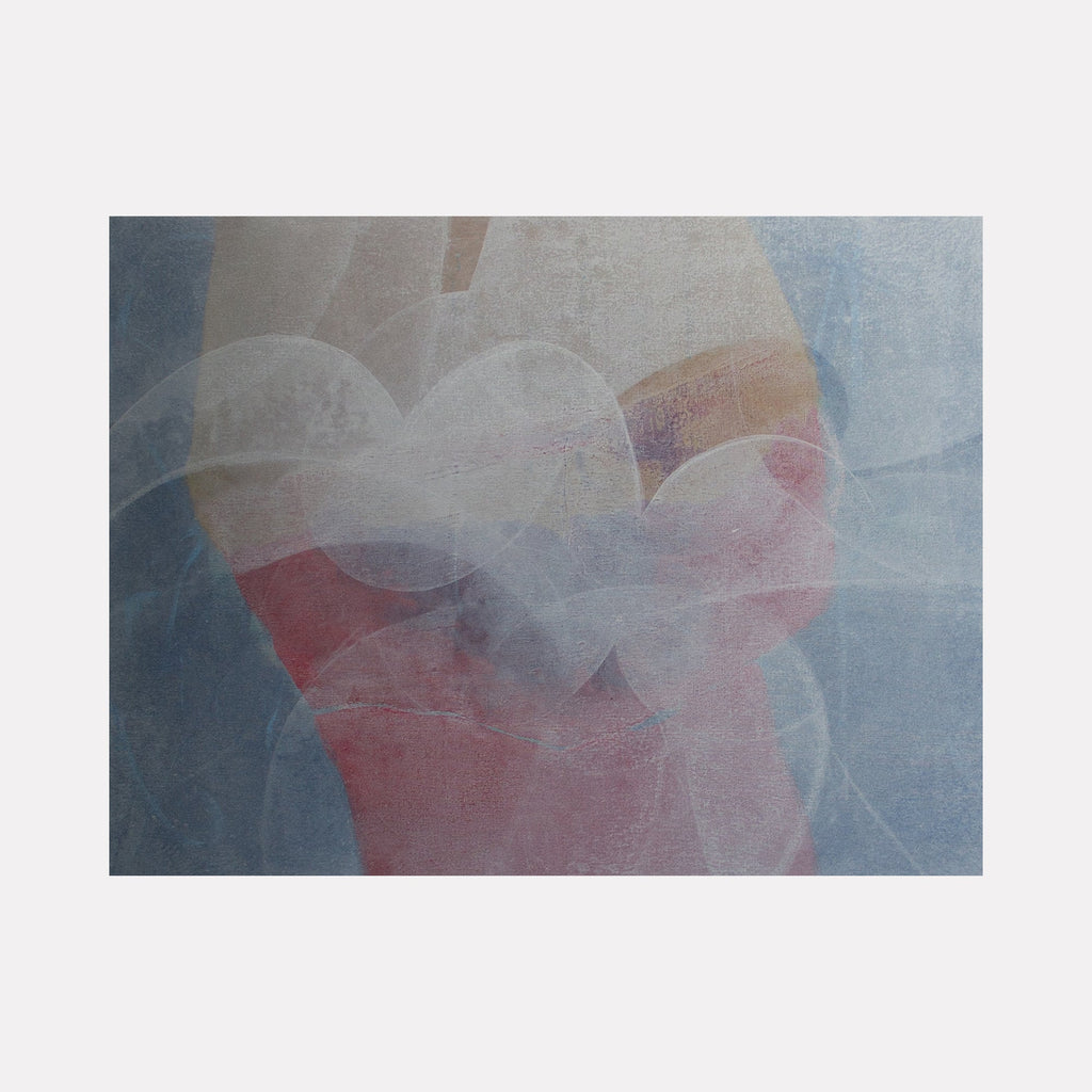 The artwork "Meditation Dec" by Carin Kulb Dangot features an abstract composition of soft, overlapping shapes in muted tones of pink, blue, and beige. The translucent, layered forms create a delicate, ethereal atmosphere, evoking the meditative stillness found in the works of Agnes Martin and the subtle color harmonies of Mark Rothko.