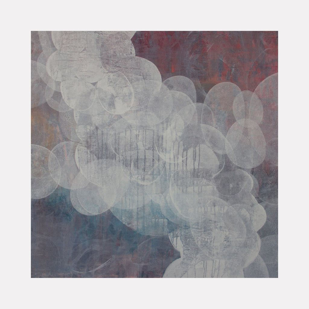 The artwork "Meditation Passage 10" by Carin Kulb Dangot features layered translucent white oval shapes forming a flowing, cloud-like passage over a textured background of muted reds, blues, and grays. The abstract composition combines soft, misty elements with subtle textures, evoking the atmospheric qualities of Mark Rothko and the layered abstractions of Helen Frankenthaler.