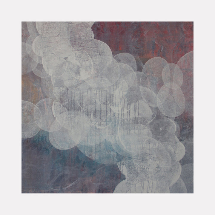 The artwork "Meditation Passage 10" by Carin Kulb Dangot features layered translucent white oval shapes forming a flowing, cloud-like passage over a textured background of muted reds, blues, and grays. The abstract composition combines soft, misty elements with subtle textures, evoking the atmospheric qualities of Mark Rothko and the layered abstractions of Helen Frankenthaler.