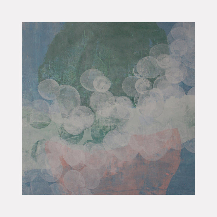 The artwork "Meditation Passage 11" by Carin Kulb Dangot features a serene abstract composition with soft, overlapping circular shapes in muted greens, blues, and pale pinks. The layered translucency and textured brushstrokes evoke a tranquil, ethereal atmosphere reminiscent of Helen Frankenthaler's color field paintings and Mark Rothko's subtle tonal variations.