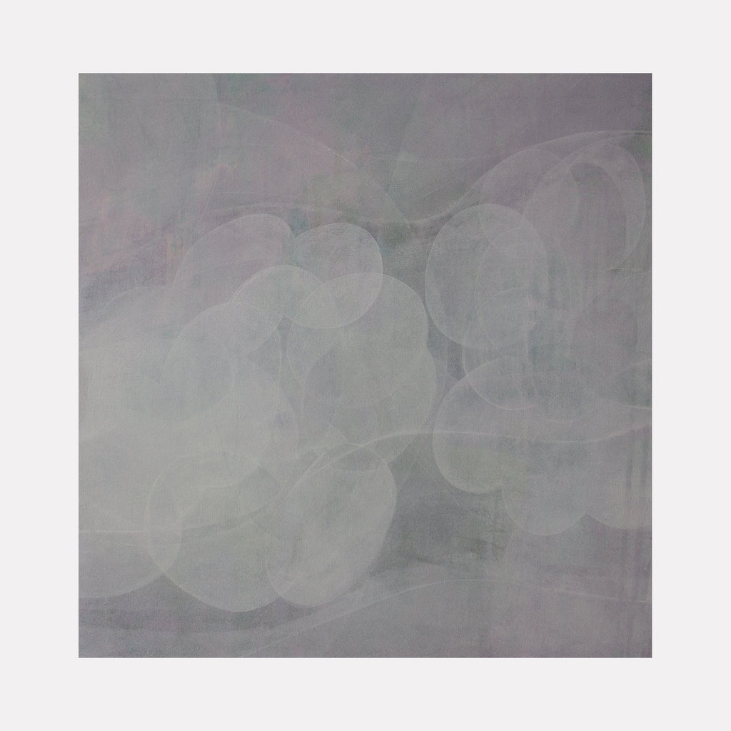 The artwork "Meditation Passage 12" by Carin Kulb Dangot features layered, translucent oval and circular shapes in muted grey and soft lavender tones on a textured background. The abstract composition evokes the contemplative subtlety of Agnes Martin’s grids and the ethereal layering reminiscent of Mark Rothko’s color fields.