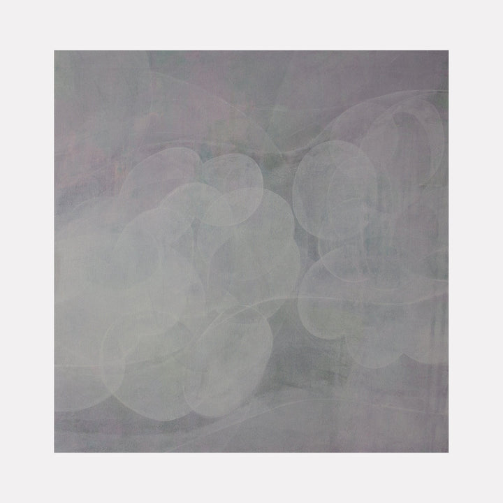 The artwork "Meditation Passage 12" by Carin Kulb Dangot features layered, translucent oval and circular shapes in muted grey and soft lavender tones on a textured background. The abstract composition evokes the contemplative subtlety of Agnes Martin’s grids and the ethereal layering reminiscent of Mark Rothko’s color fields.