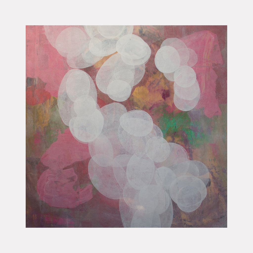 The artwork "Meditation Passage 13" by Carin Kulb Dangot features layered translucent white oval shapes forming a vertical cascading pattern against an abstract background of muted pinks, purples, greens, and earthy tones. The textured composition evokes the ethereal quality of Agnes Martin’s minimalism combined with the soft abstraction of Helen Frankenthaler.