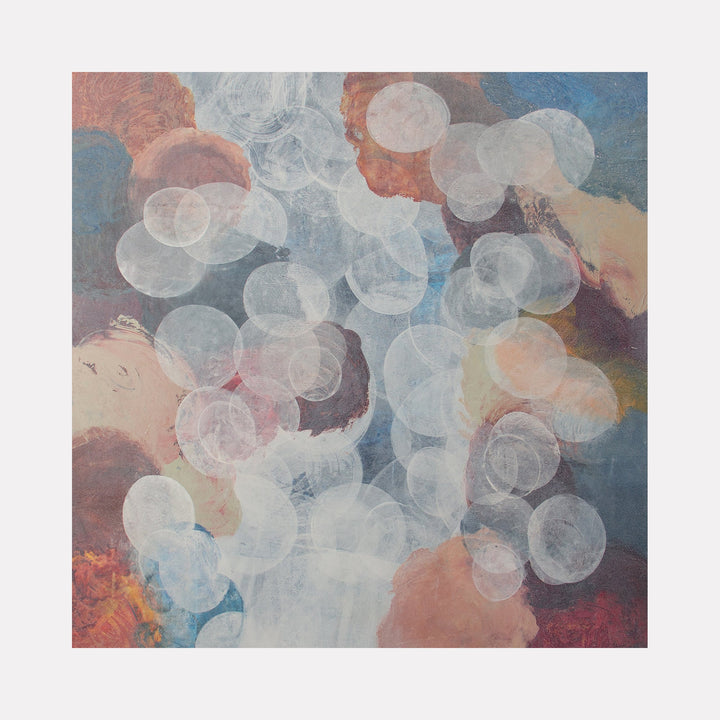The artwork "Meditation Passage 14" by Carin Kulb Dangot features an abstract composition of translucent, overlapping circular shapes in soft whites and muted blues against a textured background of warm oranges, reds, and cool blues. The layered forms and subtle color transitions evoke the contemplative abstraction reminiscent of Mark Rothko and Helen Frankenthaler’s fluid painterly styles.