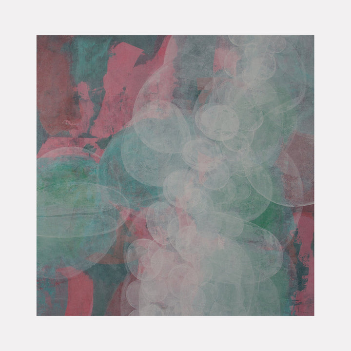 The artwork "Meditation Passage 15" by Carin Kulb Dangot features an abstract composition with layered translucent circular shapes in soft white and pale blue, set against a textured background of muted teal and deep rose hues. The ethereal, atmospheric quality evokes the serene abstraction of Helen Frankenthaler and the subtle color interplay found in Mark Rothko’s color field paintings.