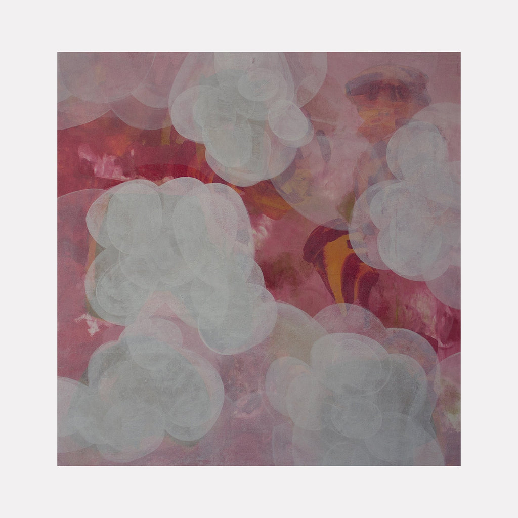 The artwork "Meditation Passage 16" by Carin Kulb Dangot features soft, overlapping cloud-like forms in translucent grays set against a textured background of warm pinks and muted reds. The abstract composition blends ethereal shapes with layered color fields, evoking the subtle atmospheres of Mark Rothko and the dreamlike abstractions of Helen Frankenthaler.