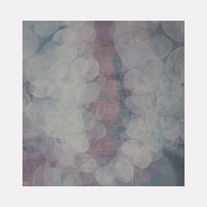 The artwork "Meditation Passage 1" by Carin Kulb Dangot features a large abstract composition of translucent circular forms layered over a cold, muted palette of blues, grays, and soft pinks. The textured surface and ethereal quality evoke the atmospheric abstractions of Mark Rothko and the subtle luminosity found in Agnes Martin’s minimalist works.