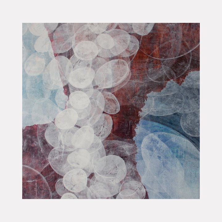 The artwork "Meditation Passage 2" by Carin Kulb Dangot features overlapping translucent oval shapes in soft whites against a textured background blending deep reds, muted blues, and grays. The layered, ethereal composition evokes abstract expressionism with a delicate balance reminiscent of Helen Frankenthaler’s color fields and the subtle translucency of Mark Rothko’s atmospheric works.