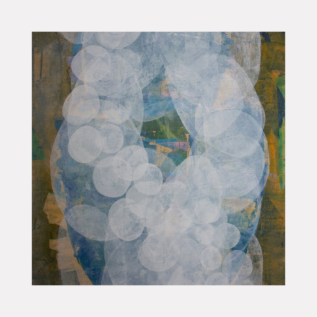 The artwork "Meditation Passage 4" by Carin Kulb Dangot features a layered composition of translucent white circular forms arranged vertically against a textured, muted green and ochre background. The abstract interplay of soft shapes and earth tones evokes the spiritual harmony and meditative qualities found in Agnes Martin’s minimalist works and Mark Rothko’s color fields.