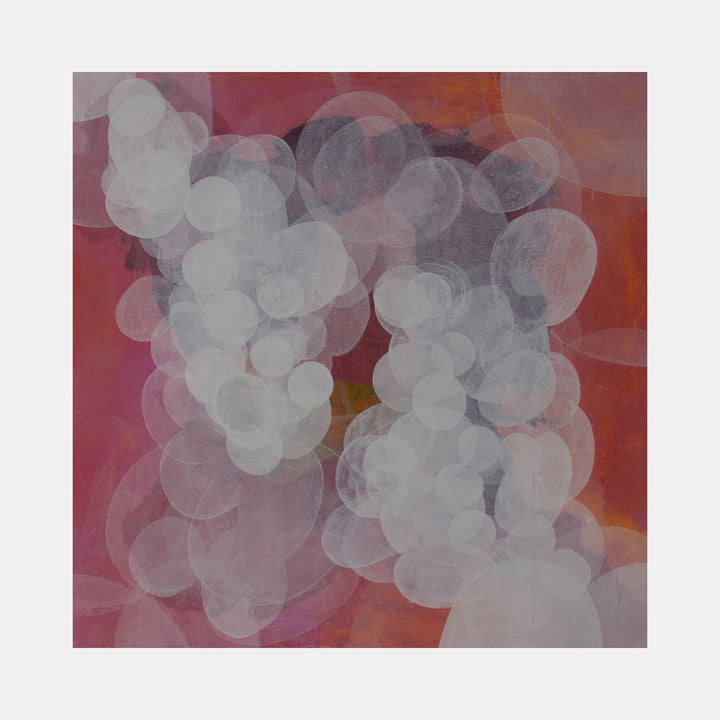 The artwork "Meditation Passage 5" by Carin Kulb Dangot features layered, translucent white and gray circular forms overlapping against a richly textured background of deep reds and oranges. The abstract composition evokes the ethereal qualities of Mark Rothko’s color fields and the soft, organic shapes found in Agnes Martin’s minimalist abstractions.