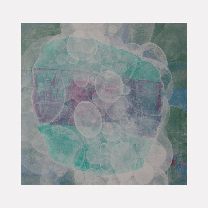 The artwork "Meditation Passage 6" by Carin Kulb Dangot presents an abstract composition of translucent overlapping oval and circular shapes in soft greens, blues, and muted purples. The layered, ethereal textures evoke the meditative qualities of Agnes Martin’s subtle grids and the atmospheric abstraction found in Helen Frankenthaler’s color fields.