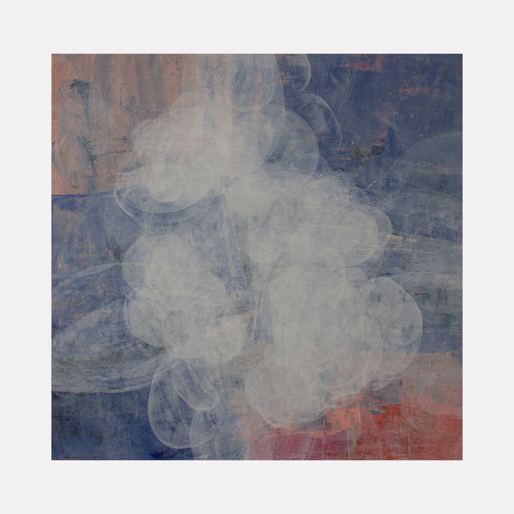 The artwork "Meditation Passage 7" by Carin Kulb Dangot features layered, translucent cloud-like forms in soft white over a textured background of deep blues and muted reds. The abstract composition evokes a contemplative mood with its delicate, diffused shapes and painterly surface, reminiscent of Mark Rothko’s color fields and Helen Frankenthaler’s fluid abstraction.