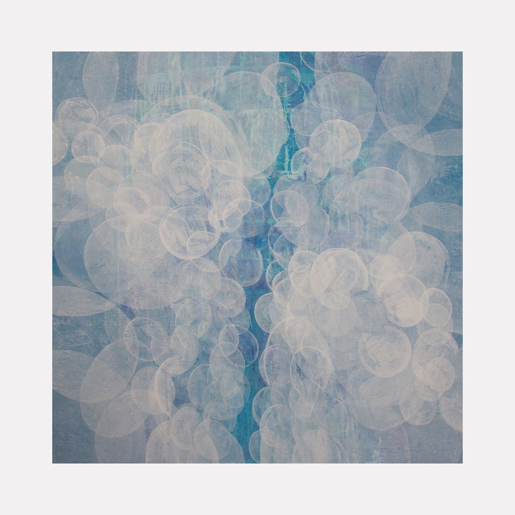 The artwork "Meditation Passage 8" by Carin Kulb Dangot features an abstract composition of layered translucent white and pale blue circular forms over a textured blue background. The ethereal, soft-edged shapes create a sense of depth and calm, evoking the atmospheric qualities of Mark Rothko’s color fields and the gentle abstraction of Agnes Martin’s minimalist grids.
