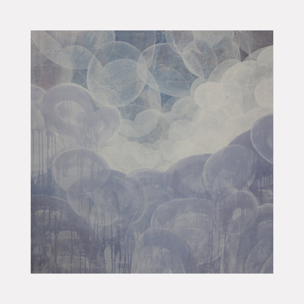 The artwork "Meditation Passage 9" by Carin Kulb Dangot features an abstract composition of overlapping translucent spheres in soft grey and cold blue tones. The textured surface with subtle drips evokes the ethereal atmospheres found in Mark Rothko’s color fields and the misty abstractions reminiscent of J.M.W. Turner’s atmospheric studies.