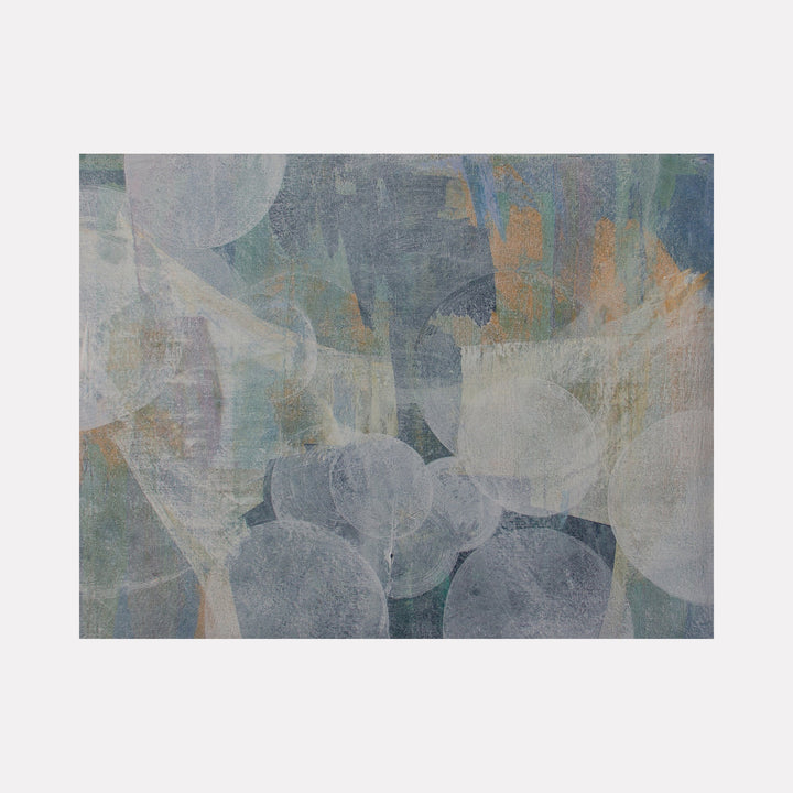 The artwork "Meditation Set 1.25" by Carin Kulb Dangot features an abstract composition of translucent, circular shapes layered over a textured background in muted blues, grays, and soft earth tones. The ethereal, atmospheric quality evokes the subtle abstraction and layered depth found in works by Mark Rothko and Helen Frankenthaler.