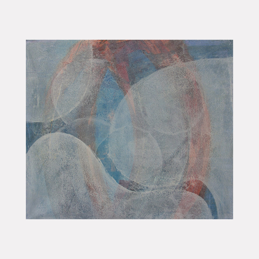 The artwork "Meditation Set 2.25" by Carin Kulb Dangot features a layered abstract composition of overlapping translucent shapes in cool blues, soft grays, and muted reds. The textured, ethereal forms evoke the contemplative, atmospheric qualities found in works by Mark Rothko and the subtle geometry reminiscent of early Kandinsky, blending serene abstraction with a meditative mood.
