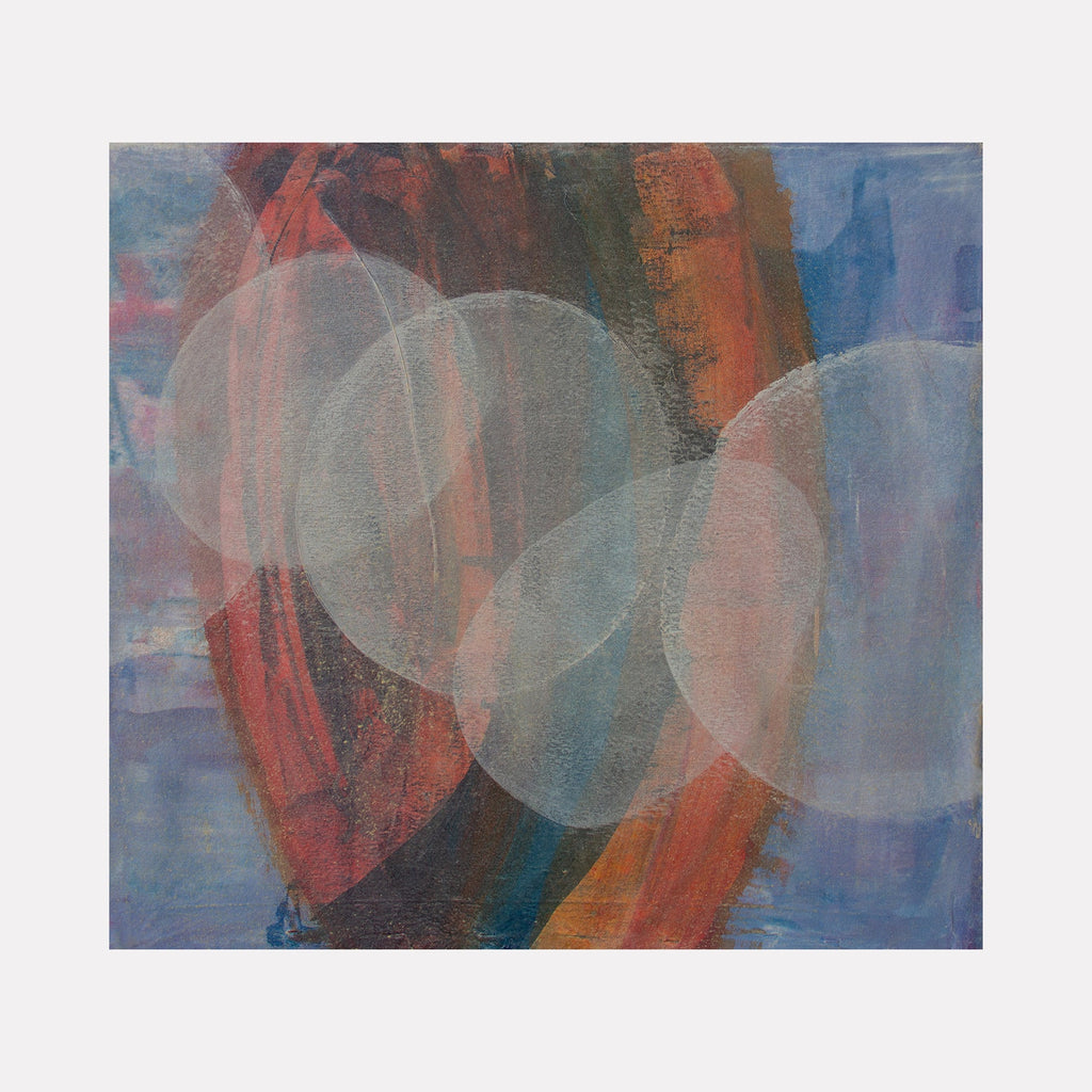 The artwork "Meditation Set 3.25" by Carin Kulb Dangot features an abstract composition of overlapping translucent circles in soft white and blue hues hovering over broad, textured bands of deep red, rusty orange, and muted blue. The atmospheric layering and subtle blending evoke the meditative abstraction of Mark Rothko and the ethereal minimalism found in Agnes Martin’s works.