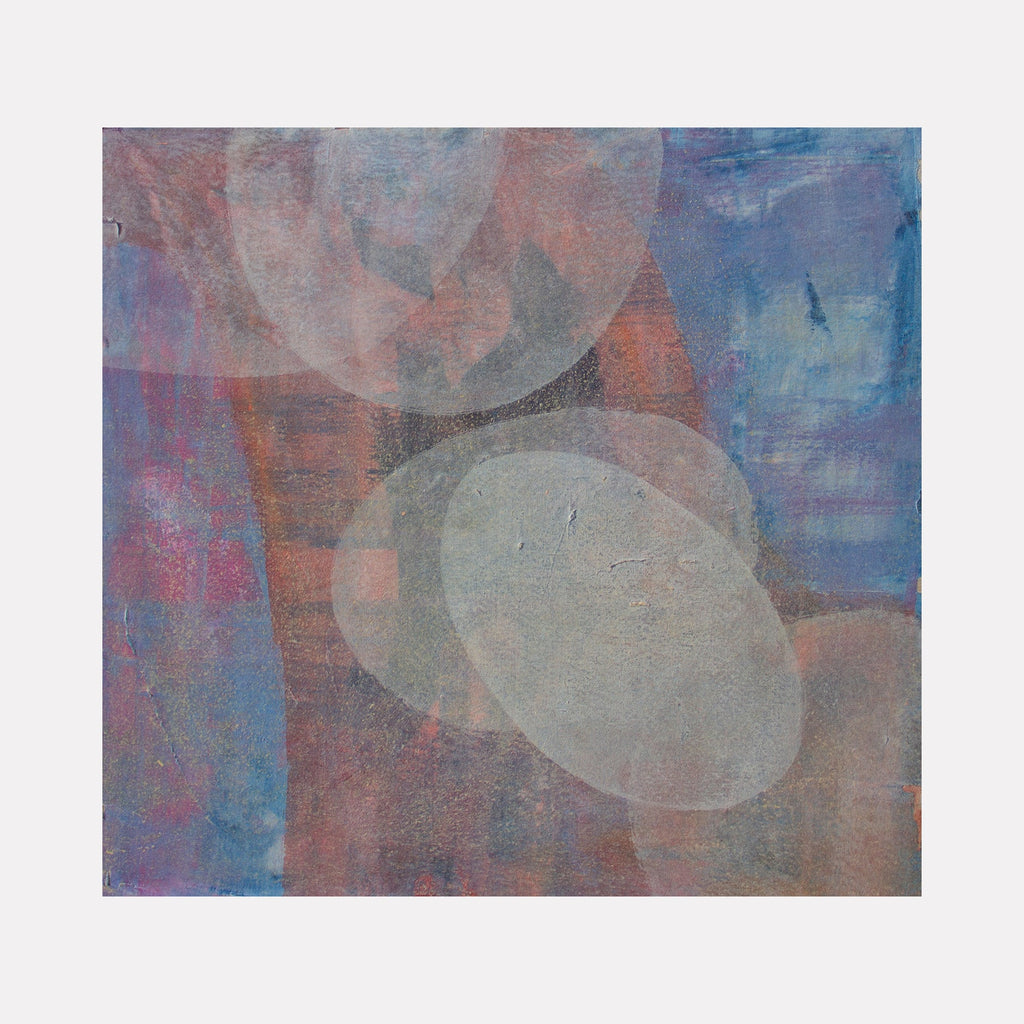 The artwork "Meditation Set 4.25" by Carin Kulb Dangot features an abstract composition with layered, translucent oval shapes overlapping against a textured background of muted blues, purples, and soft reds. The atmospheric color palette and subtle textural depth evoke the serene abstraction found in Mark Rothko’s color fields and the meditative quality of Agnes Martin’s minimalist grids.