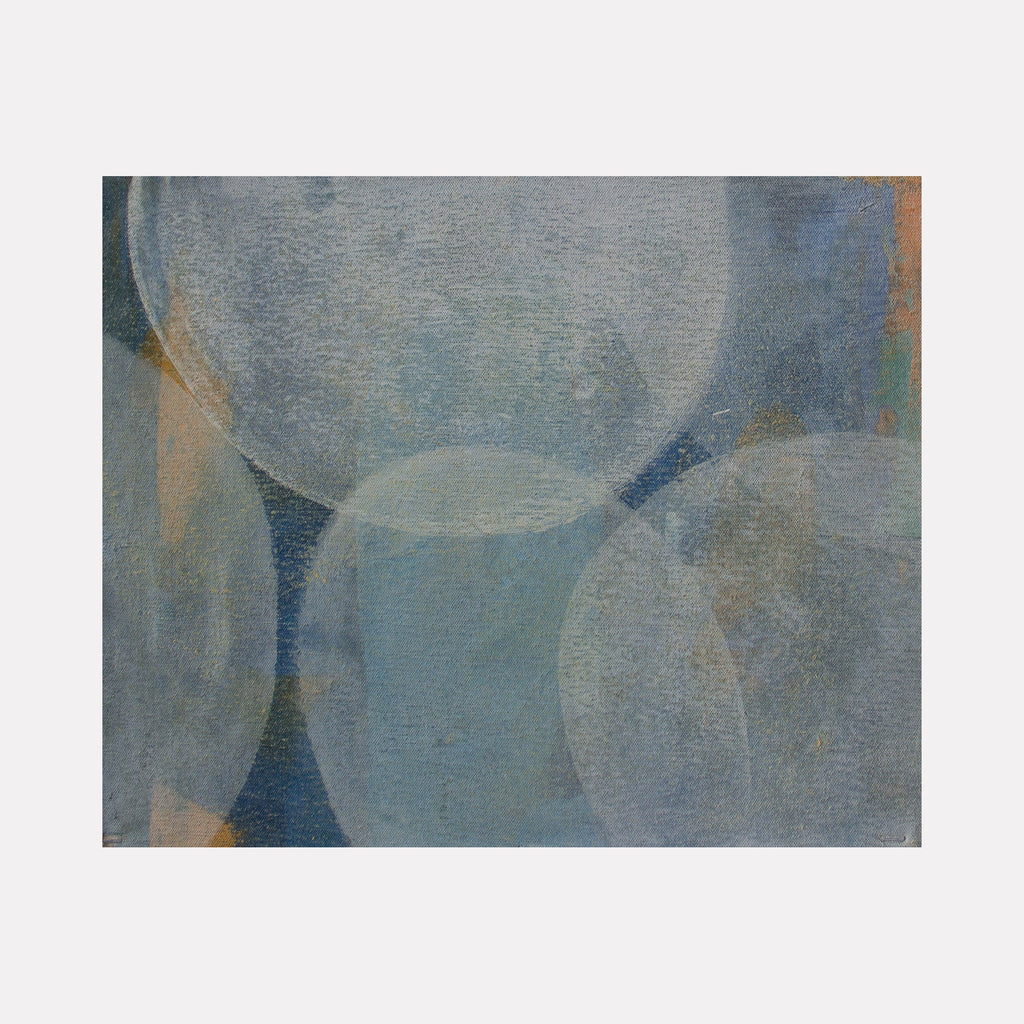 The artwork "Meditation Set 5.25" by Carin Kulb Dangot features overlapping translucent circles in muted blue and gray tones with subtle textural layers. The abstract composition evokes a serene, contemplative atmosphere, reminiscent of Mark Rothko’s color fields and the soft forms found in Agnes Martin’s minimalist works.