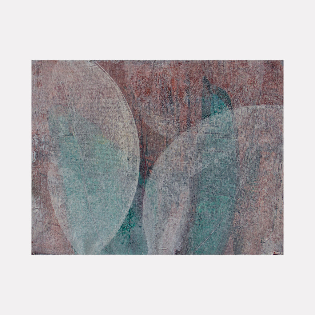 The artwork "Meditation Set 6.25" by Carin Kulb Dangot features an abstract composition of overlapping translucent leaf-like shapes in muted green and purple tones against a textured, earthy background. The subtle layering and organic forms evoke the contemplative minimalism and ethereal qualities seen in Agnes Martin’s serene abstractions and the atmospheric textures of Mark Rothko.