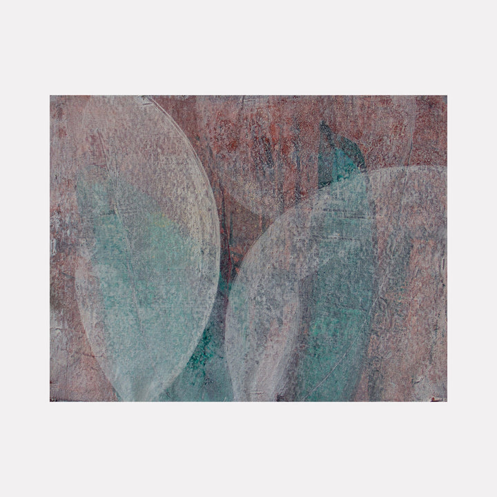 The artwork "Meditation Set 6.25" by Carin Kulb Dangot features an abstract composition of overlapping translucent leaf-like shapes in muted green and purple tones against a textured, earthy background. The subtle layering and organic forms evoke the contemplative minimalism and ethereal qualities seen in Agnes Martin’s serene abstractions and the atmospheric textures of Mark Rothko.