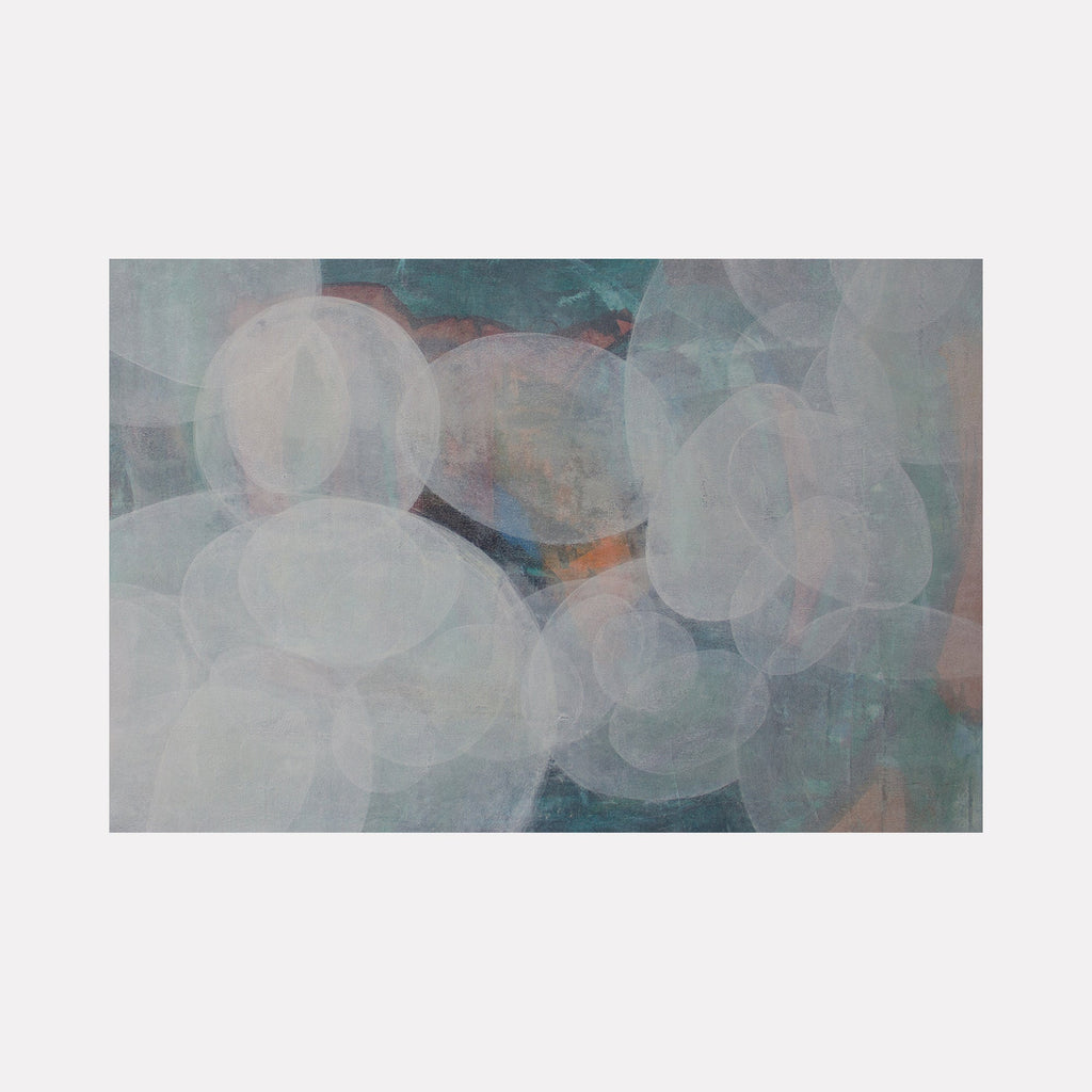 The artwork "Meditation Set 7.25" by Carin Kulb Dangot features an abstract composition of translucent overlapping oval shapes in soft blues, grays, and muted oranges set against a textured, cold-toned background. The ethereal layering and subtle color transitions evoke the serene abstraction of Mark Rothko and the contemplative depth found in Agnes Martin’s minimalist works.