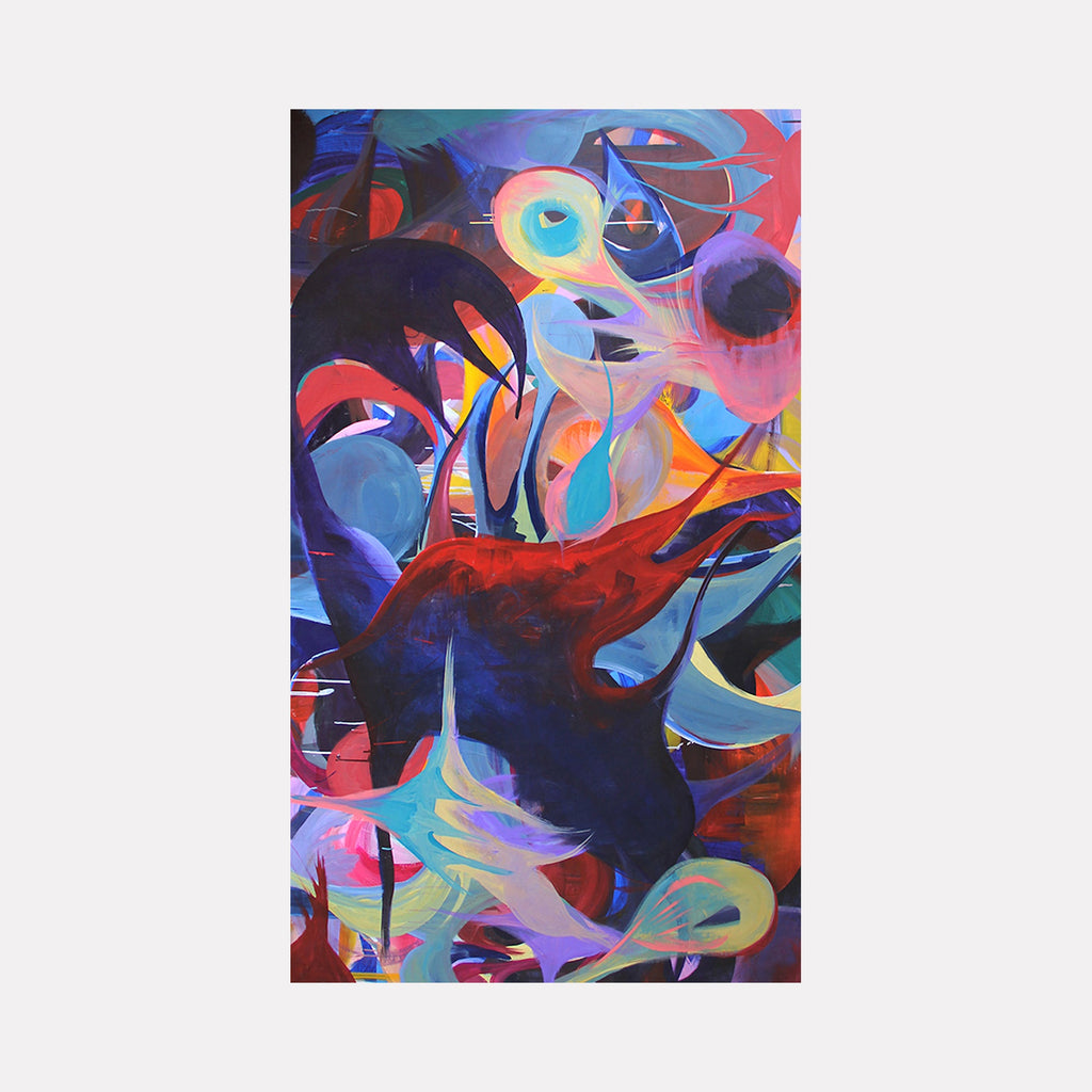 The artwork "Passar" by Carin Kulb Dangot features a vibrant, dynamic abstract composition with swirling organic shapes in bold reds, blues, and purples accented by soft pastels. The rich textures and layered forms evoke the fluid abstraction of Wassily Kandinsky and Joan Miró, blending energetic movement with harmonious color contrasts.
