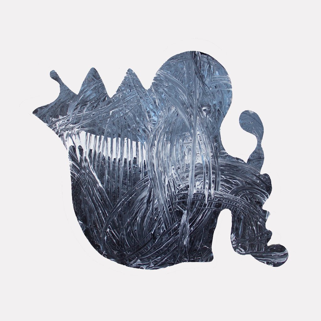 The artwork "Pier 1" by Carin Kulb Dangot features an abstract, textured form in layered shades of blue and gray with dynamic, sweeping brushstrokes. The piece evokes a sense of movement and depth, reminiscent of the gestural abstraction found in works by Gerhard Richter and Franz Kline, blending raw energy with subtle tonal variation.