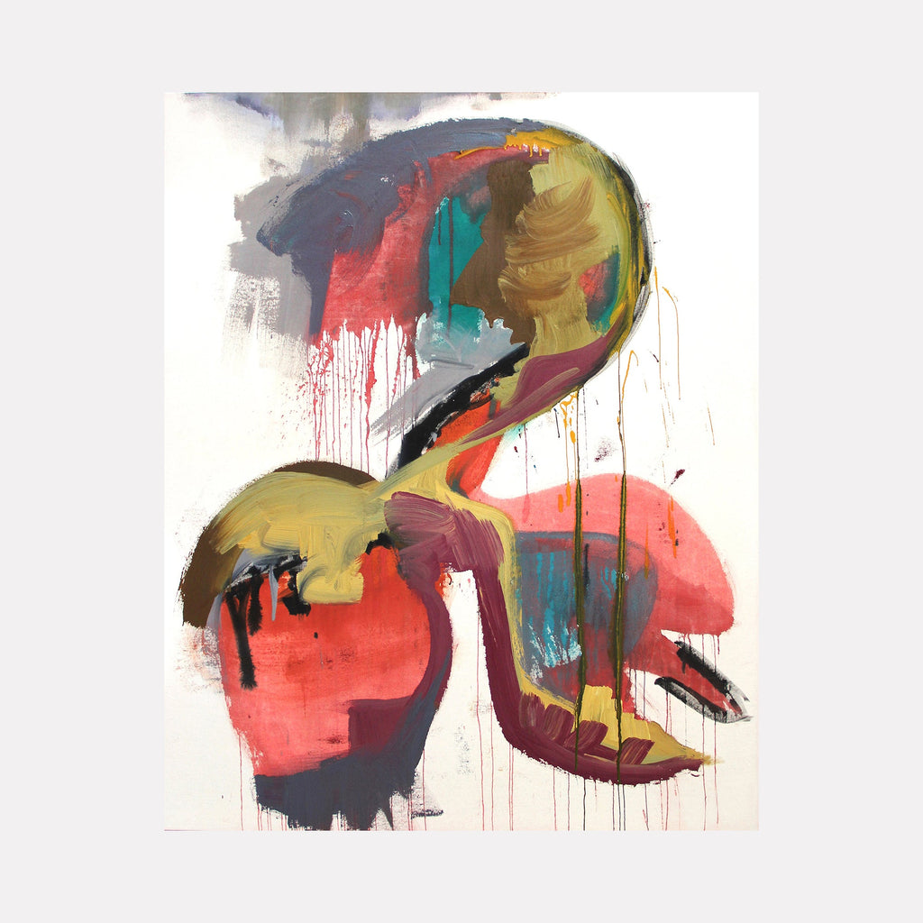 The artwork "Pul" by Carin Kulb Dangot features an abstract composition with bold, sweeping brushstrokes in mustard yellow, deep red, teal, and black. Drips and layered textures create a raw, dynamic effect reminiscent of abstract expressionists like Willem de Kooning and Franz Kline, blending gestural movement with vivid color contrasts.