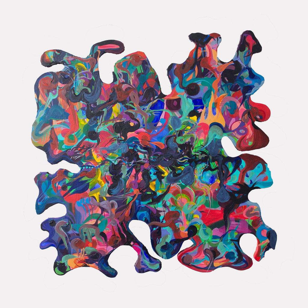 The artwork "Rele" by Carin Kulb Dangot features an organic, irregularly shaped composition filled with vibrant swirls and layered brushstrokes in bold reds, blues, greens, and purples. The dynamic interplay of color and abstract forms evokes the fluidity and energy reminiscent of Wassily Kandinsky and Joan Miró’s expressive abstraction.