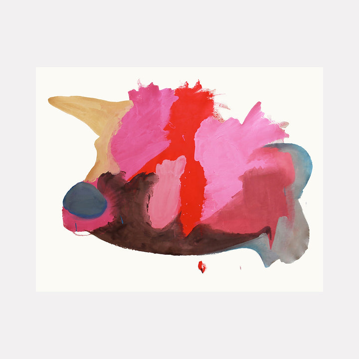 The artwork "Sari" by Carin Kulb Dangot features an abstract composition with bold, organic shapes in vibrant pinks, reds, muted browns, and soft blues. The fluid brushstrokes and layered textures create a dynamic sense of movement, evoking the expressive abstraction seen in works by Helen Frankenthaler and Willem de Kooning.