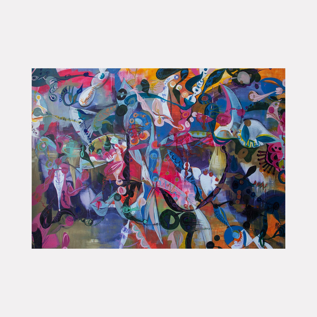The artwork "So1" by Carin Kulb Dangot features a vibrant, abstract composition with layered shapes and fluid forms in bold hues of pink, blue, orange, and black. Its dynamic interplay of curves and dots creates a sense of movement, evoking the expressive abstraction of Wassily Kandinsky and Joan Miró with a modern, energetic twist.