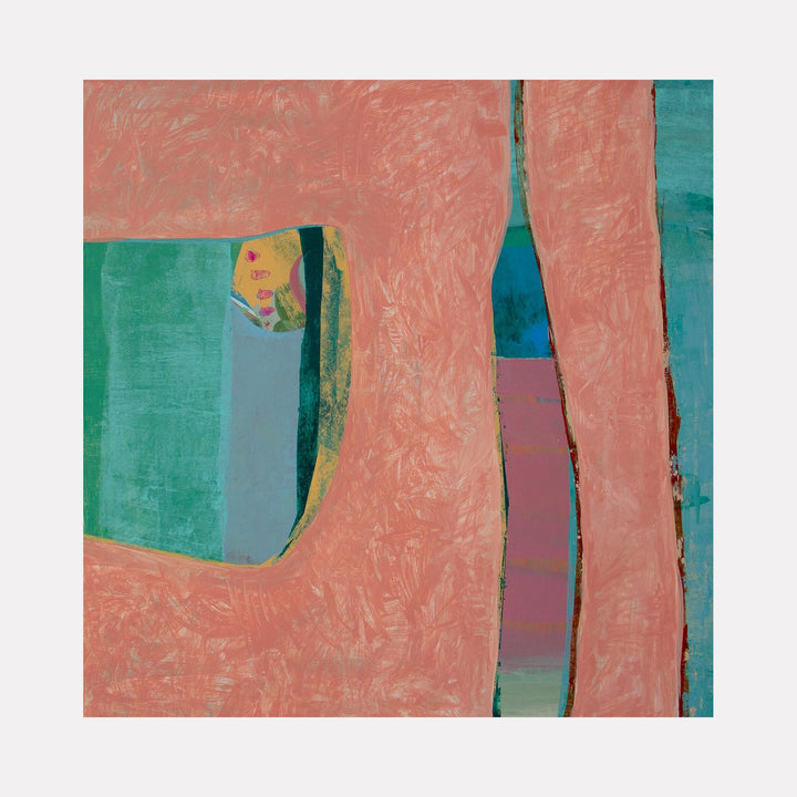 The artwork "Symphony 13" features abstract shapes with soft, textured brushstrokes in shades of coral, turquoise, green, and pink, creating a harmonious blend of colors and forms with layered patterns and a modern artistic style by Carin Kulb Dangot.