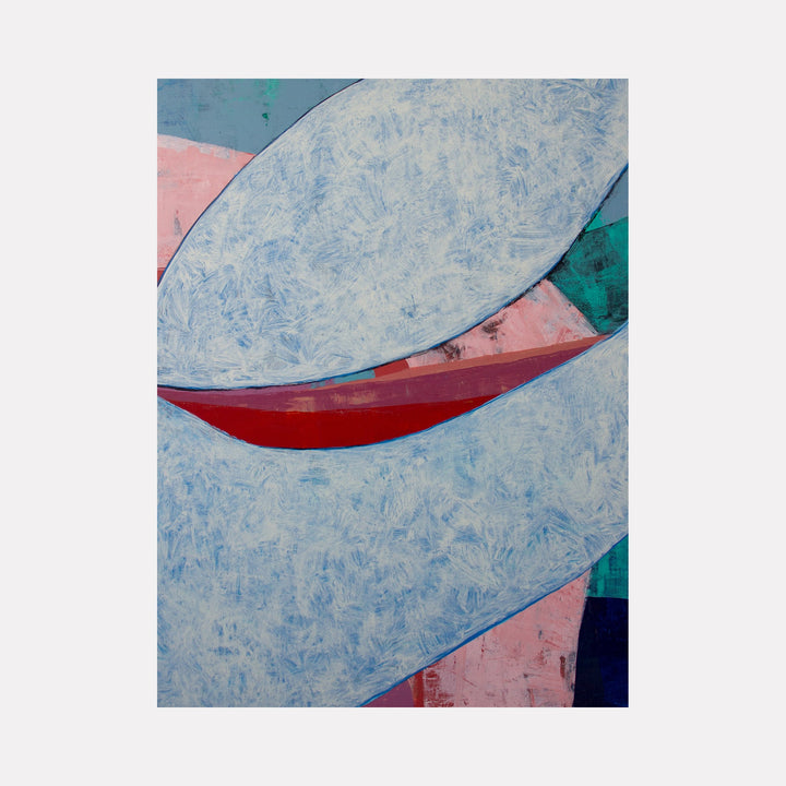 The artwork "Symphony 15" features abstract shapes with large sweeping curves in textured light blue, contrasted by bold red and muted pink accents, creating a dynamic composition with hints of teal and navy in the background. This modern, layered piece showcases a blend of smooth and rough textures. By Carin Kulb Dangot.