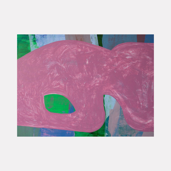 The artwork "Symphony 3" features a large abstract shape in textured pink with a green eye-like form set against a layered background of blue, green, and purple hues with varied brushstrokes and soft geometric patterns. This modern, expressive piece by Carin Kulb Dangot showcases fluid organic forms and rich color contrasts.