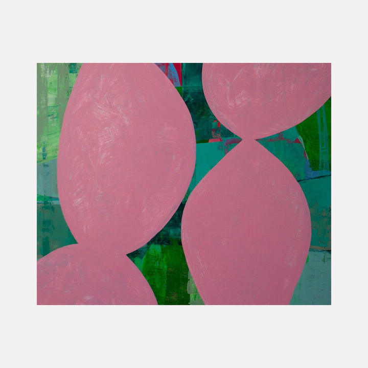 The artwork "Symphony 6" features large, overlapping pink organic shapes set against a textured background of various green and teal hues, blending abstract and modern artistic styles with visible brushstrokes and layered paint. This composition offers a harmonious balance of color and form. By Carin Kulb Dangot.