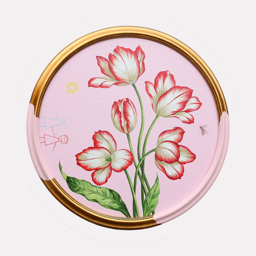 The artwork "The Garden Remembered" by Carlos Gamez de Francisco features a circular composition with a bouquet of white tulips edged in red set against a soft pink background. Delicate green leaves and fine botanical details evoke classic floral still lifes, while playful childlike sun and figure drawings add a whimsical, contemporary twist reminiscent of Paul Kleeâ€™s playful narratives and Georgia Oâ€™Keeffeâ€™s floral focus.