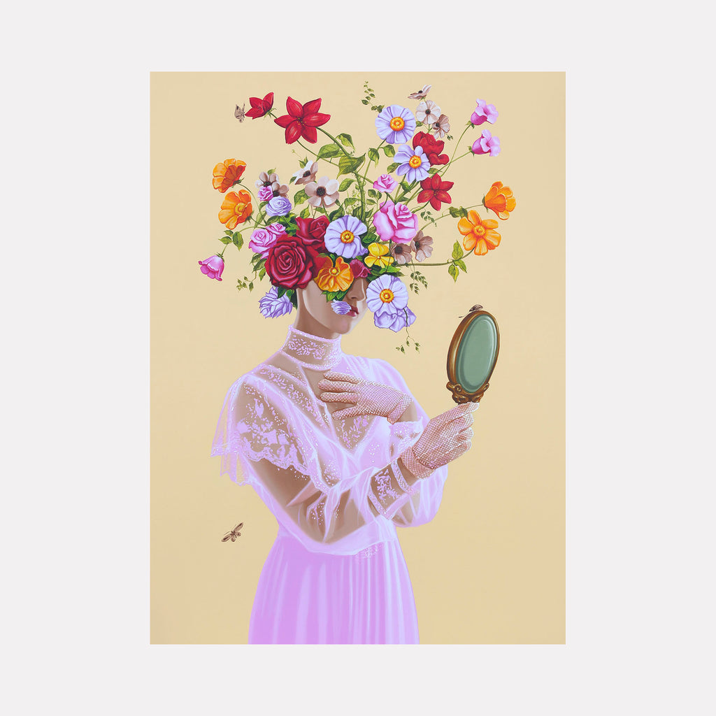 The Girl in the Mirror by Carlos Gamez de Francisco is a Curina art piece depicting a figure in a delicate lace dress holding a small mirror, with vibrant flowers blooming in place of the head, set against a soft beige background, blending surrealism with floral elegance.