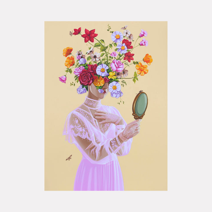 The Girl in the Mirror by Carlos Gamez de Francisco is a Curina art piece depicting a figure in a delicate lace dress holding a small mirror, with vibrant flowers blooming in place of the head, set against a soft beige background, blending surrealism with floral elegance.
